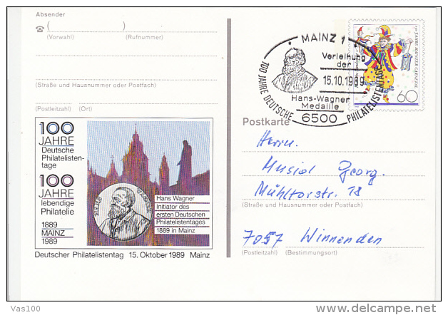 MAINZ PHILATELIC SOCIETY, CLOWN, ARLEQUIN, PC STATIONERY, ENTIER POSTAUX, 1989, GERMANY - Illustrated Postcards - Used