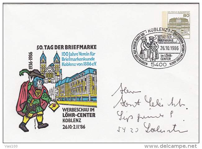 STAMP'S DAY, MESSENGER, CASTLE, EMBOISED COVER STATIONERY, ENTIER POSTAUX, 1986, GERMANY - Covers - Used