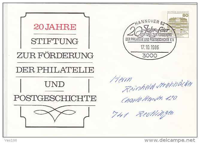 STAMP AND POSTAL HISTORY PROMOTION FOUNDATION, CASTLE, COVER STATIONERY, ENTIER POSTAUX, 1986, GERMANY - Covers - Used