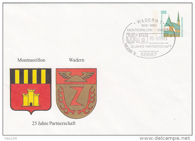 MONTMORILLON-WADERN TWIN CITIES, COAT OF ARMS, ALTOTTING CHAPEL, COVER STATIONERY, ENTIER POSTAUX, 1993, GERMANY - Covers - Used