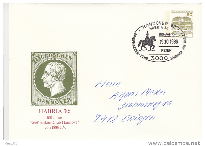 HANNOVER  STAMP COLLECTORS CLUB, CASTLE, COVER STATIONERY, ENTIER POSTAUX, 1986, GERMANY - Enveloppes - Oblitérées