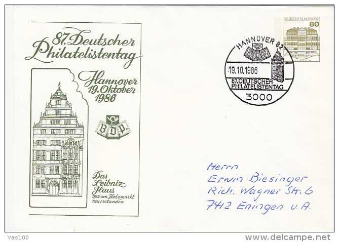 HANNOVER  LEIBNITZ HOUSE, PHILATELIST'S DAY, CASTLE, COVER STATIONERY, ENTIER POSTAUX, 1986, GERMANY - Enveloppes - Oblitérées