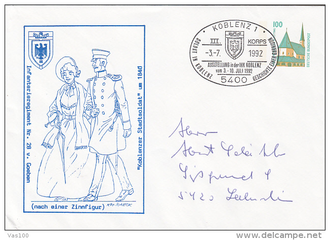 VINTAGE COUPLE, SOLDIER, ALTOTTING PILGRIMAGE CHAPEL, COVER STATIONERY, ENTIER POSTAUX, 1992, GERMANY - Covers - Used