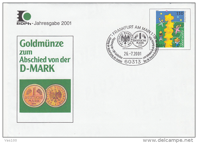 GOLD COINS, LAST MARK, EUROPA CEPT-CHILDRENS, COVER STATIONERY, ENTIER POSTAUX, 2001, GERMANY - Sobres - Usados