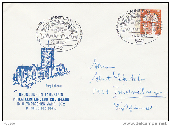 LAHNECK CASTLE, PHILATELIST'S CLUB, GUSTAV HEINEMANN, COVER STATIONERY, ENTIER POSTAUX, 1972, GERMANY - Covers - Used