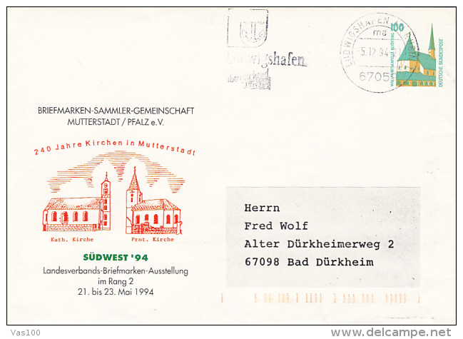 MUTTERSTADT CHURCHES, ALTOTTING PILGRIMAGE CHAPEL, COVER STATIONERY, ENTIER POSTAUX, 1994, GERMANY - Covers - Used