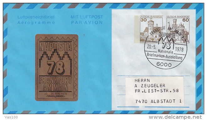 FRANKFURT PHILATELIC EXHIBITION, CASTLES, AEROGRAMME, 1978, GERMANY - Enveloppes - Oblitérées