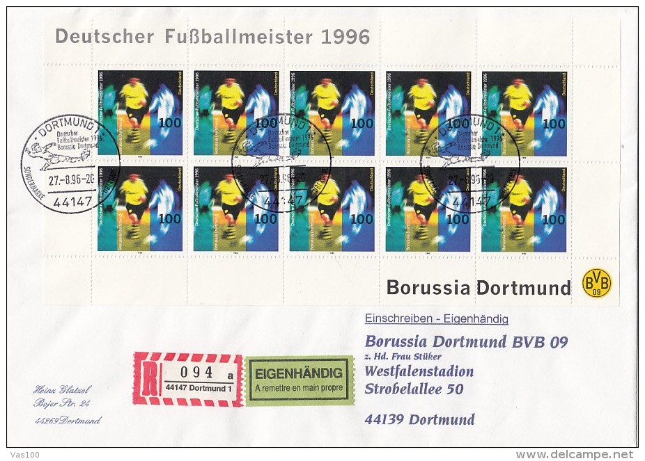 GERMAN SOCCER CHAMPIONSHIP, STAMPS SHEET ON REGISTERED COVER, 1996, GERMANY - Covers & Documents