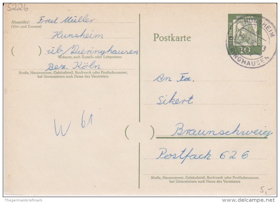 Bund Bed Dt Gzs P 60 PSt I Stempel Hunsheim ü Dieringhausen 1962 - Postcards - Used
