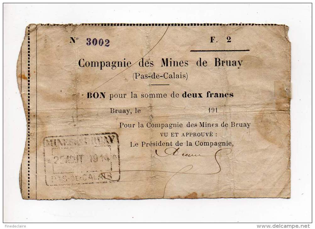 Compagnie Des Mines De Bruay (Pas De Calais) - 2 Francs - F.2 - 1914 - N°3002 - Bonos