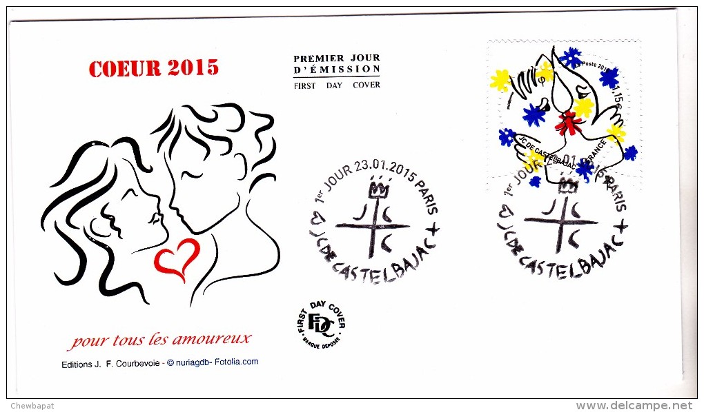 FDC 2015 - Coeur 2015 - JC De Castelbajac (gravé) - 1er Jour Le 23.01.2015 à Paris   (timbre Feuille 0,68€) - 2010-2019