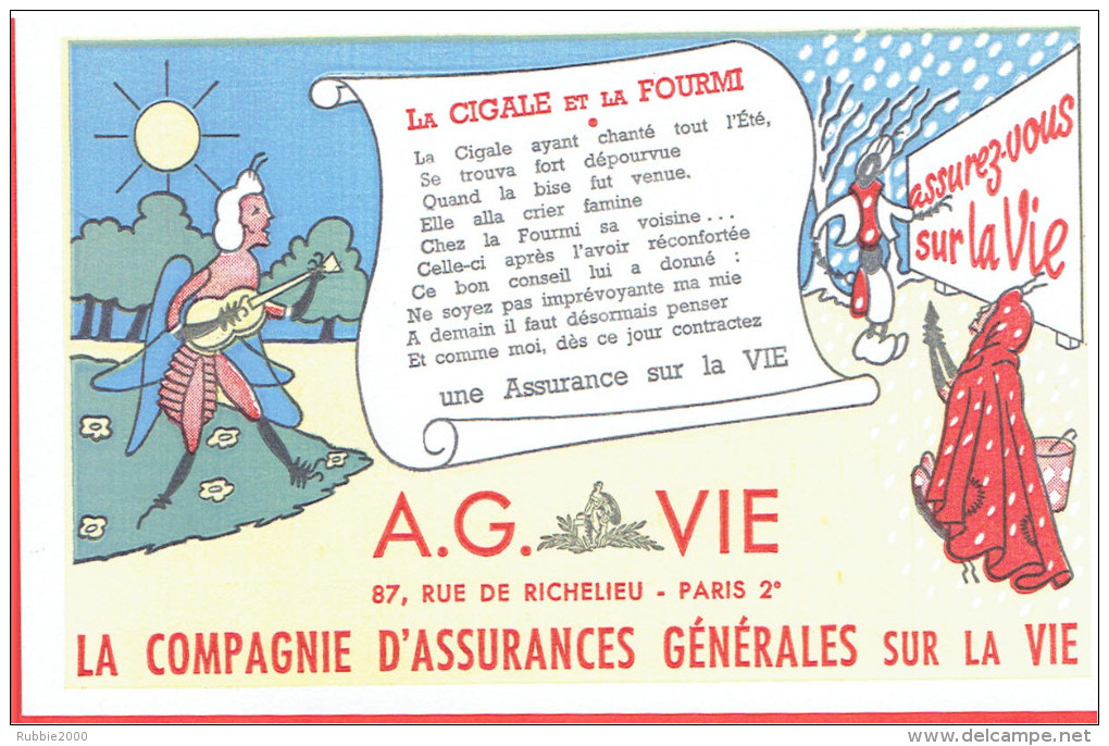 BUVARD ASSURANCE VIE LA CIGALE ET LA FOURMI LA FONTAINE 87 RUE DE RICHELIEU PARIS 2 - Banque & Assurance