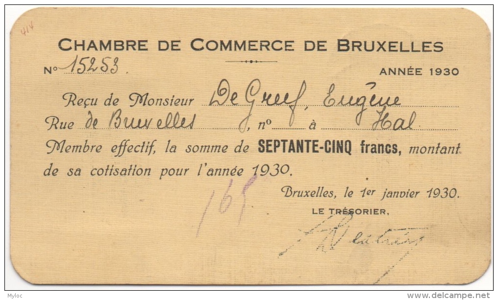 Chambre De Commerce De Bruxelles. Membre Effectif. Carte-Reçu 1930. Timbres Au Dos. - 1900 – 1949