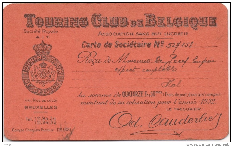 Touring Club De Belgique. Carte De Sociétaire 1932. - 1900 – 1949