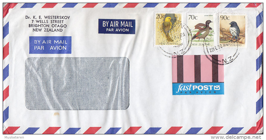 New Zealand Airmail Par Avion & FASTPOST Par Avion Labels DUNEDIN 1990 Cover Bird Vogel Oiseau Stamps - Luftpost