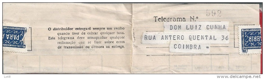 Telegram Mod.72. Obliteration Of Telegrafos 23/10/1961 Coimbra.Excellent Condition.Sent From Algés, Lisbon. 2 Scans - Brieven En Documenten