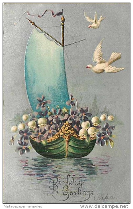 237057-Birthday Greetings, Sailboat Wth Pansies & Lily Of The Valleys, White Doves, Embossed Litho - Birthday