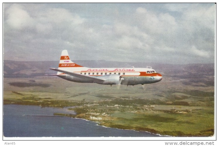 Hawaiian Airlines Convair 340 Propeller Plane Over Fort Allen Kauai Hawaii, C1950s Vintage Postcard - 1946-....: Moderne