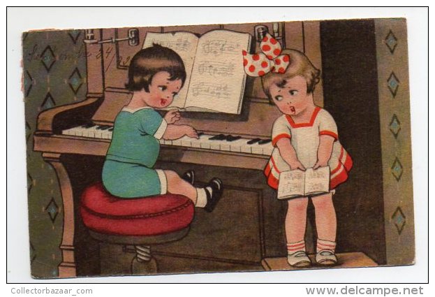 Children Play Piano Illustrator Artist Drawn Postcard Ca1900 Vintage Original Postcard Cpa Ak (W4_823) - Zonder Classificatie