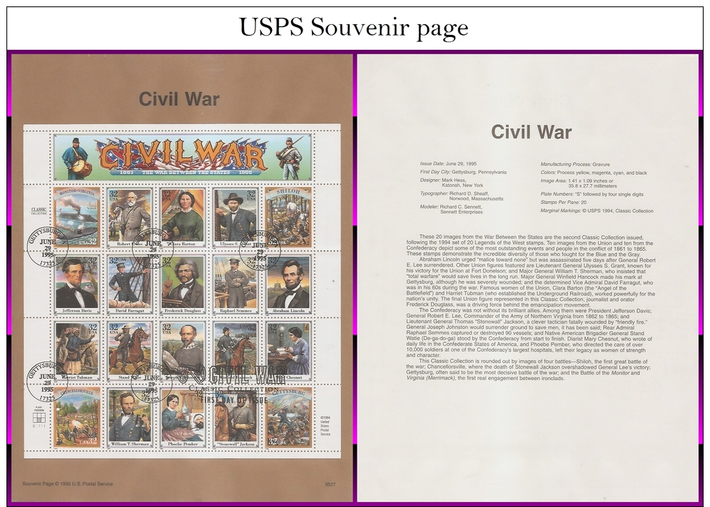 #2975 U/A SOUVENIR PAGE FDC SvSht  Civil War Souvenier Sheet - 1991-2000