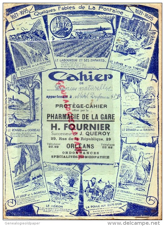 45 - ORLEANS - PROTEGE CAHIER SCIENCES NATURELLES - H. FOURNIER PHARMACIE- J. QUEROY- 29 RUE REPUBLIQUE- LA FONTAINE - P