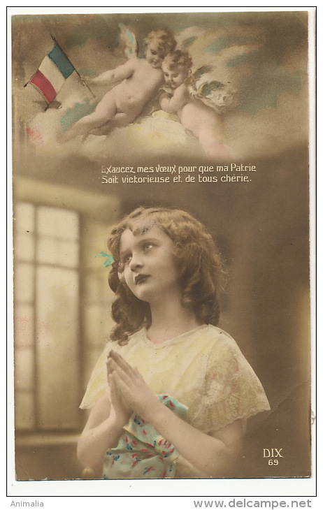 Angelots Nus Guerre 1914 Petite Fille Priant WWI Drapeau France - Anges
