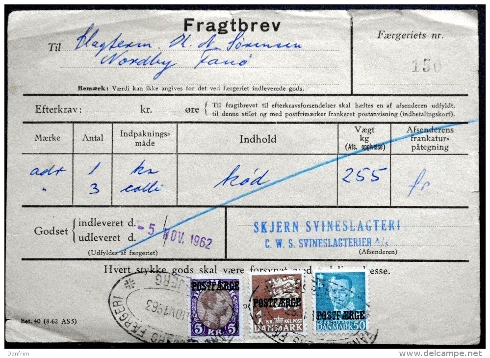 Denmark  1963 Postfærge Minr.24, 38, 34 I  Fragtbrev Freight Letter To NORDBY Fanø ( Lot 2791 ) - Colis Postaux