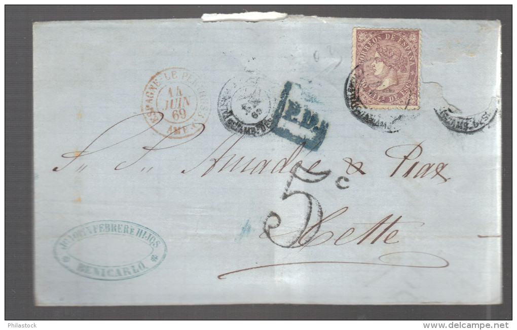 ESPAGNE 1869 N° 97 Obl. S/Lettre Taxée Pour La France - Lettres & Documents