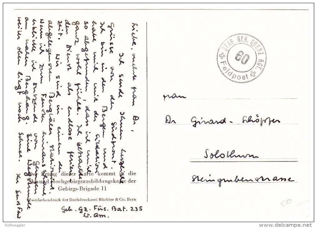 Militär Postkarte Gebirgs-Brigade II Stab Geb Grenz Rgt. Feldpost Nach Solothurn - Documents