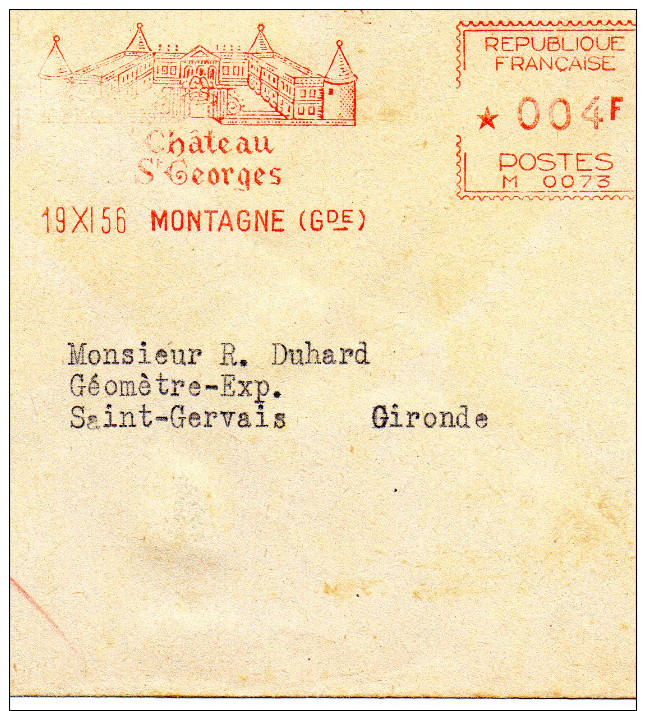 France : EMA Rouge : Vin Du Château Saint-Georges Montagne 1956 - EMA ( Maquina De Huellas A Franquear)