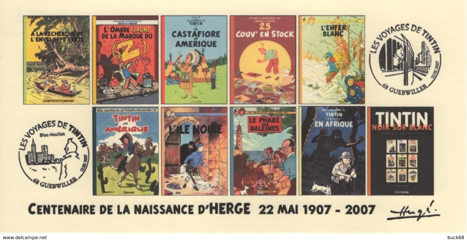 FRANCE 2007 N°71 Albums Fictifs + 2 Cachets Premier Jour FDC TINTIN KUIFJE TIM HERGE GUEBWILLER - Hergé