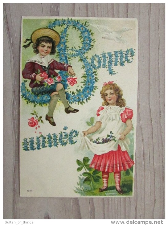 Cp/pk 1906 Bonne Année Enfants Children Fleurs Embossed - Nouvel An