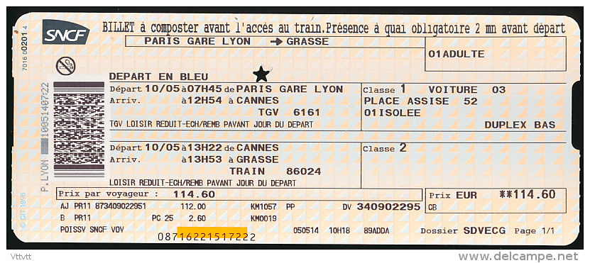 Ticket Train SNCF TGV, Paris Gare De Lyon - Cannes, 1ere Classe (10-05-2014) Et Cannes- Grasse, 2° Classe, Poinçonnage - Europe