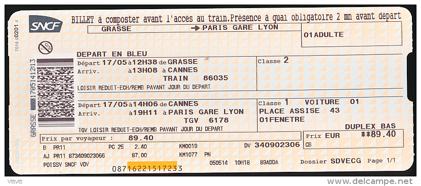 Ticket Train SNCF TGV, Cannes - Paris Gare De Lyon, 1ere Classe (17-05-2014) Et Grasse-Cannes, 2° Classe - Europe