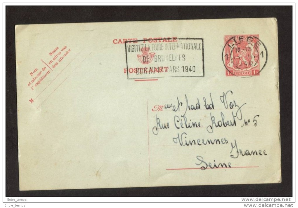 Entier Postal Begique Foire Bruxelles 1940 - Postkarten 1934-1951