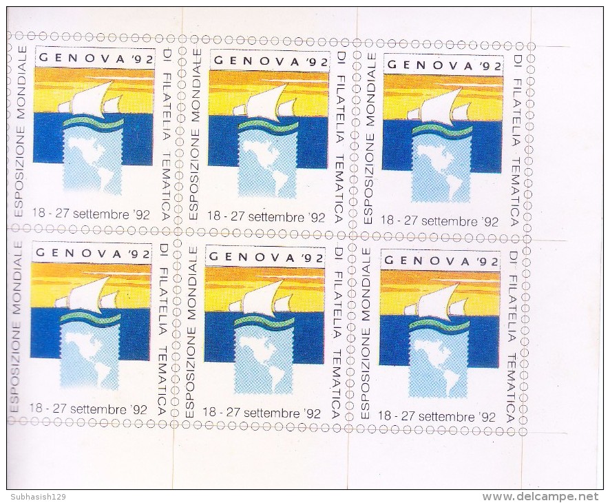 LABEL / STICKER - GENOVA 1992 - INTERNATIONAL STAMP EXHIBITION - BLOCK OF 6 LABELS - Stickers