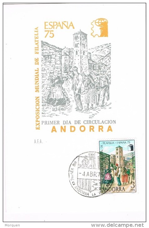12088. Tarjeta Maxima ANDORRA Española 1975. Cartero Rural Exfilna España 75 - Covers & Documents
