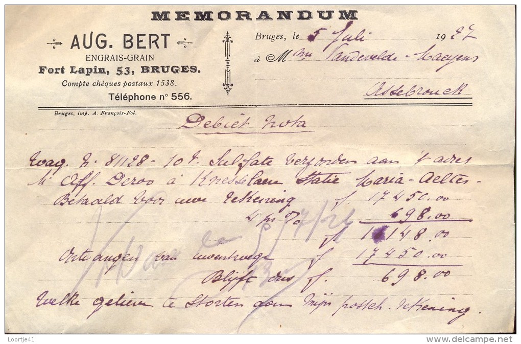 Faktuur Facture - Memorandum Aug. Bert Brugge - Engrais Grain 1927 - Landbouw