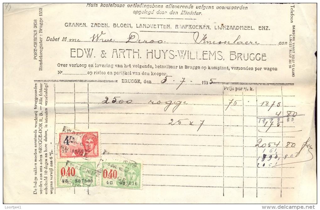 Faktuur Facture - Edw & Arth. Huys - Willems Brugge - Granen Zaden 1935 - Landwirtschaft