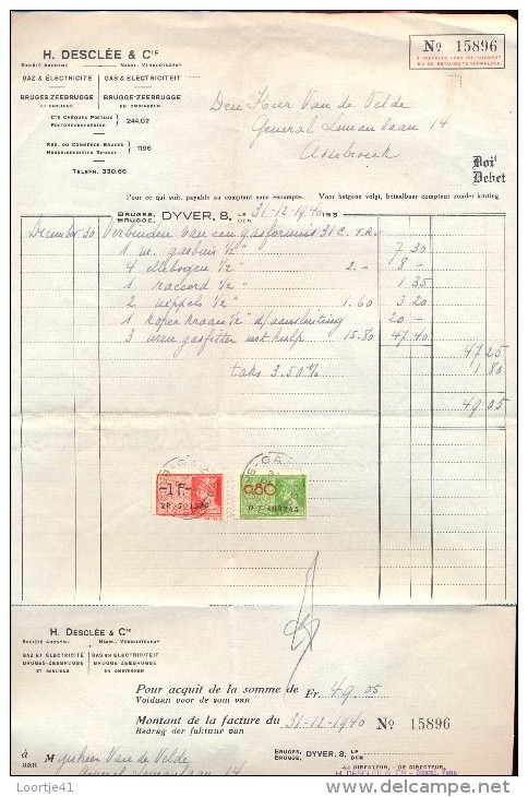 Faktuur Facture - Gas & Electriciteit H. Desclée & Cie - Brugge 1940 - Elektrizität & Gas