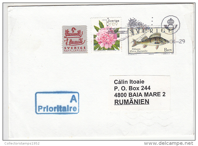 14650- FISH, PEONY FLOWER, STAMP ON COVER, 2002, SWEDEN - Storia Postale