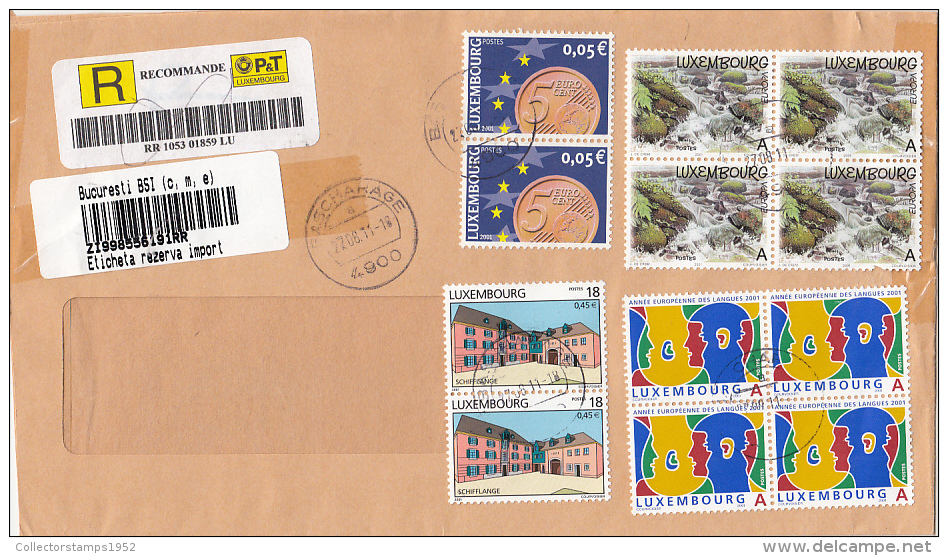 1383FM- EURO COINS, RIVER, LANGUAGES YEAR, ARCHITECTURE, STAMPS ON REGISTERED COVER, 2011, LUXEMBOURG - Storia Postale