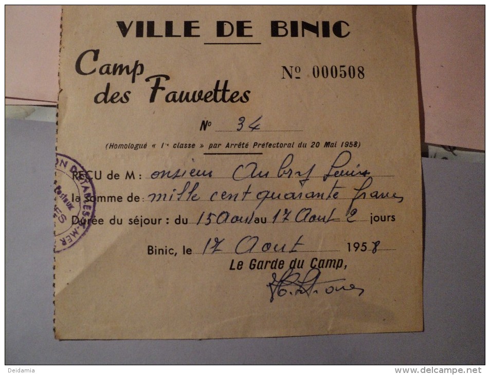 RECU DE CAMPING DE LA VILLE DE BINIC. 1958. COTES D ARMOR. 22. CAMP DES FAUVETTES - Deportes & Turismo