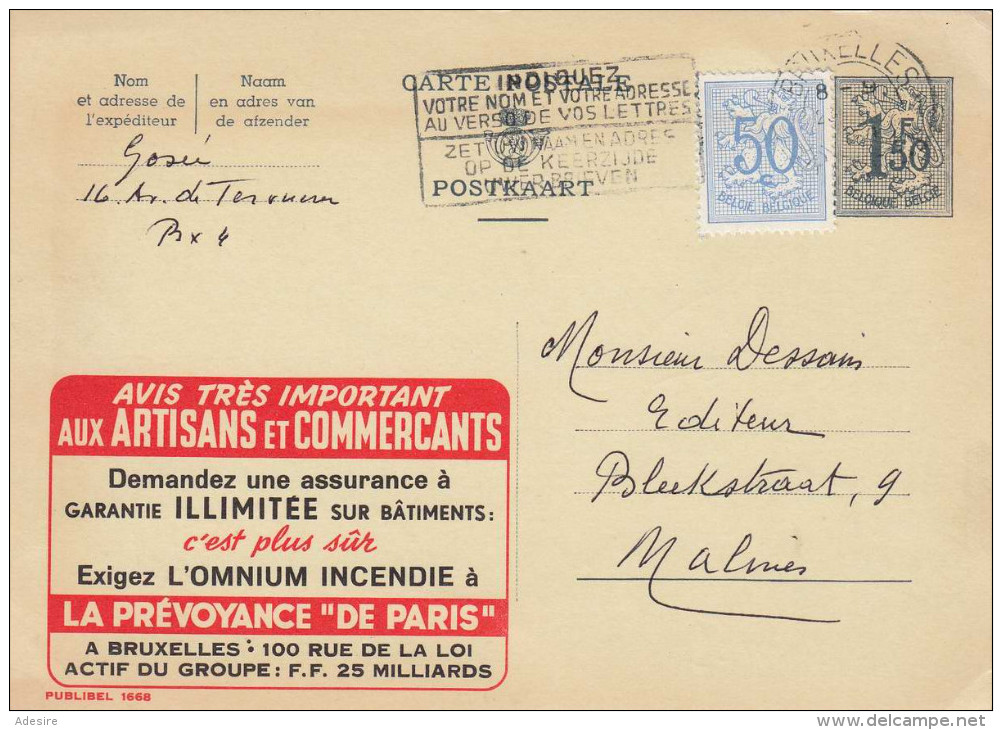 Belgien 1959 - 1,50 Fr Ganzsache + 50 C Zusatz Auf Werbepostkarte - Sonstige & Ohne Zuordnung