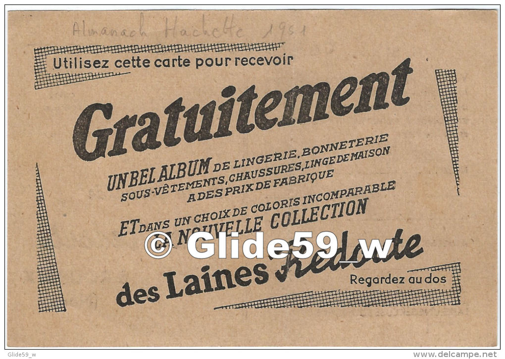 Carte Commande - Album-catalogue échantillon De Laine à Tricoter La Redoute à Roubaix Ha 51 - Almanach Hachette 1951 - Europe
