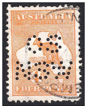 1913 4d Orange Roo 1st WMK Australia OS NSW Perfin Official NSW CDS - Used Stamps