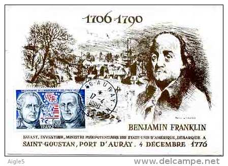 FRANCE- Carte Maximun 1990. Benjamin Franklin  Débarque à Auray Le 4/12/1776. Savant, Inventeur,ministre - Sonstige & Ohne Zuordnung