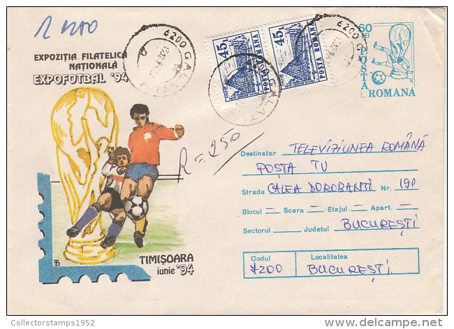 14690- SOCCER PHILATELIC EXHIBITION, CUP, REGISTERED COVER STATIONERY, 1994, ROMANIA - Lettres & Documents