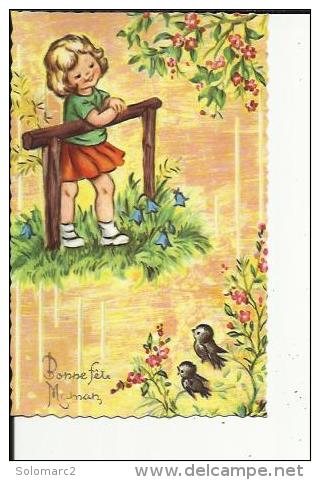 Carte Dentelée Glacée  De Fillette  Regardant Fleurs Et Oiseaux Dans La Nature ( Neuve - Fête Des Mères