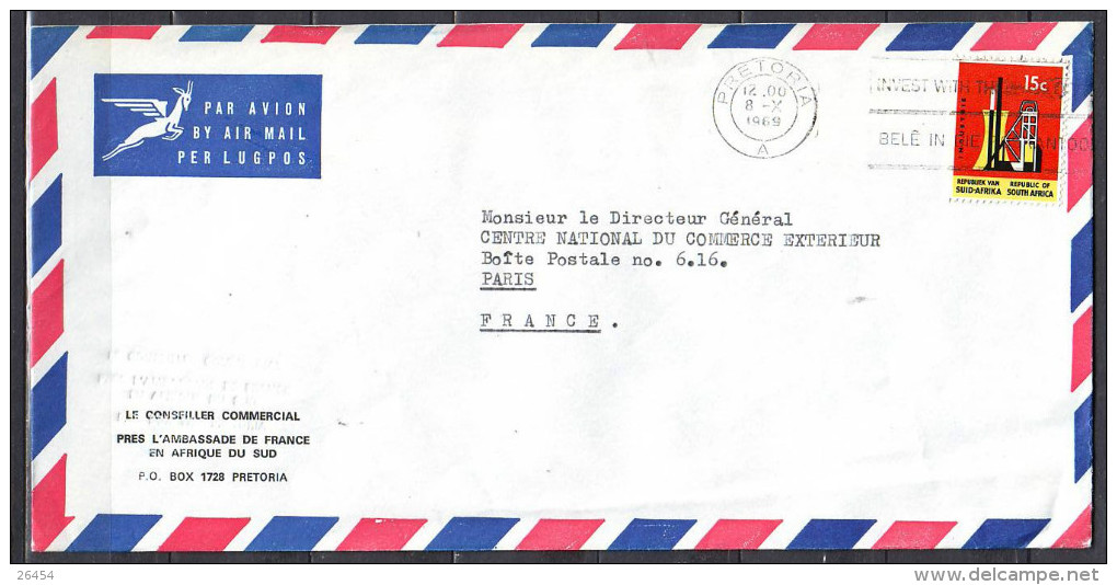 Lettre  De  PRETORIA   Le  8  X 1969  Pour  PARIS   De L AMBASSADE De FRANCE  Timbre SEUL Sur LETTRE  Par Avion - Lettres & Documents